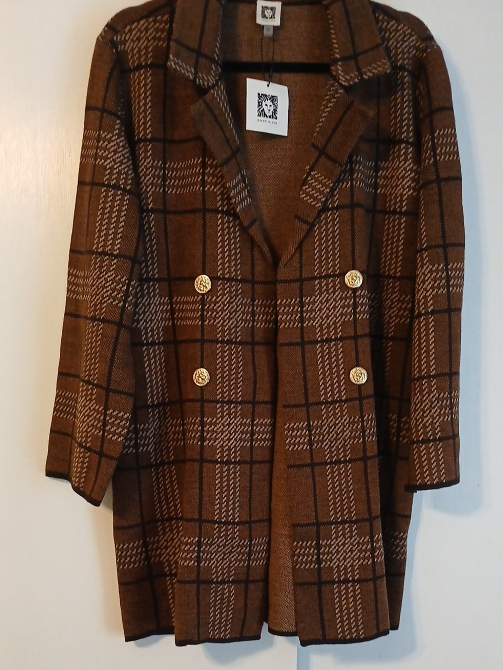 Anne Klein Brown & Black Plaid Double-Breasted Cardigan in Size L (NWT)